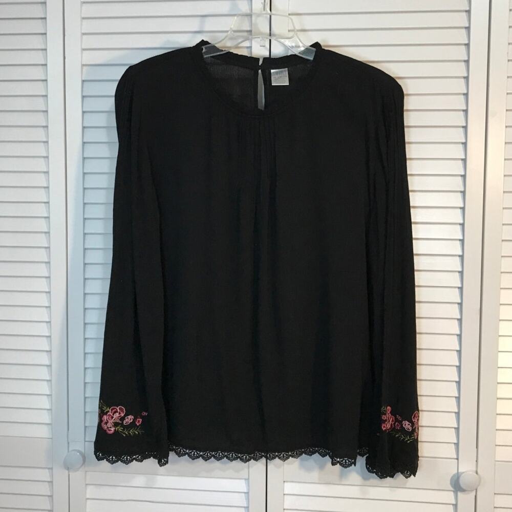 Time and Tru Black Floral Embroidered High Neck Long Sleeve Women Blouse XL